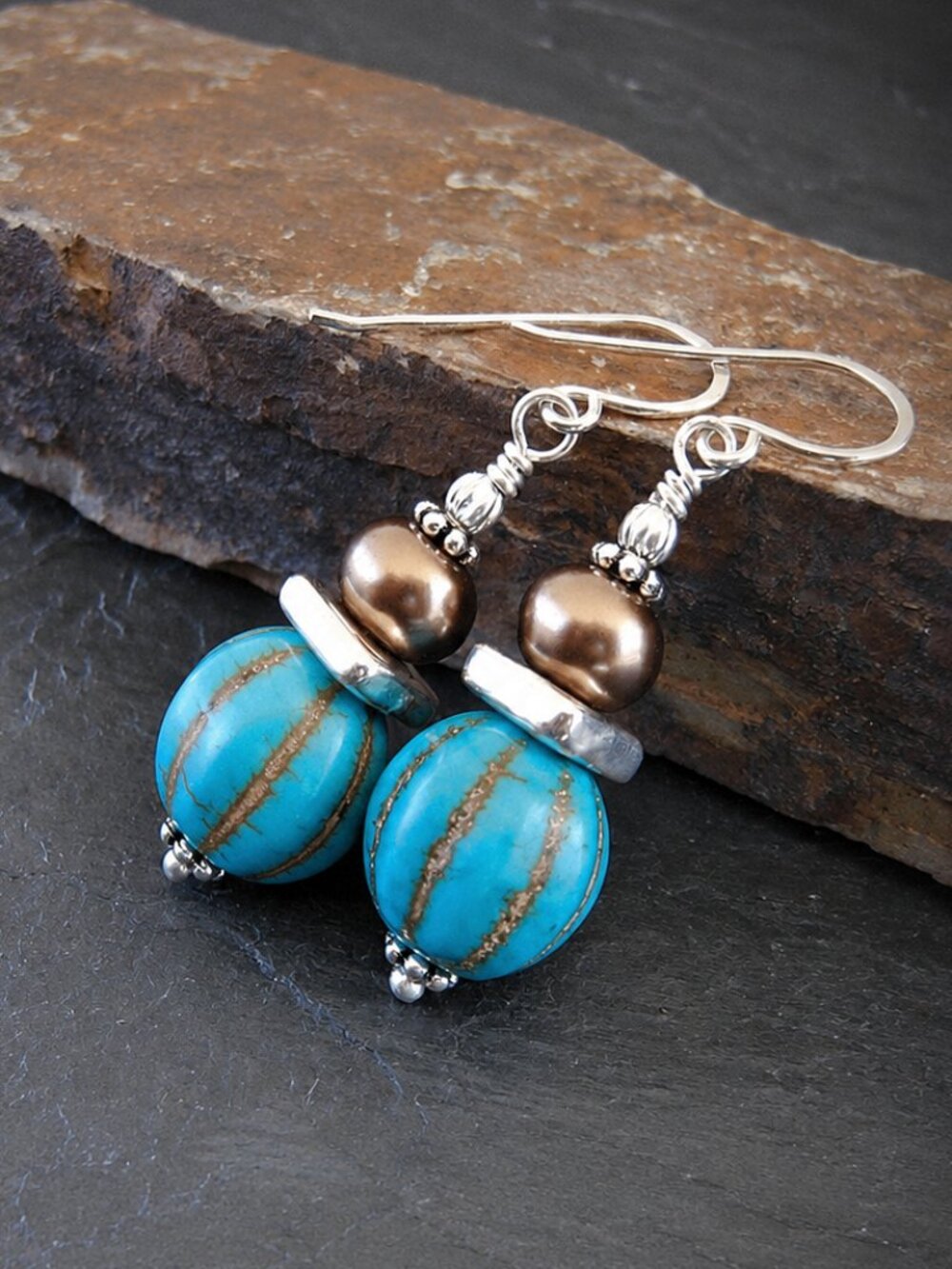 Western Turquoise Earrings Sterling Silver Magnesite Southwest Boho Dangle - Picture 4 of 8